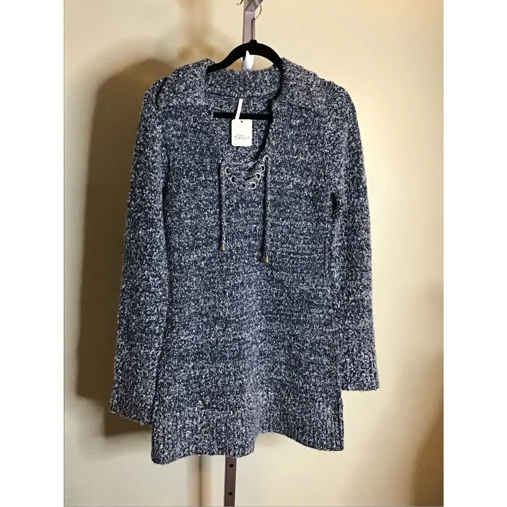 Free People Milena Blue Mini Textured Sweater Dress laced V-neckline Sz. Sm